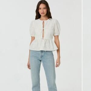 ASTR The Label White Eyelet Blouse with Tie Front Peplum Top NWT